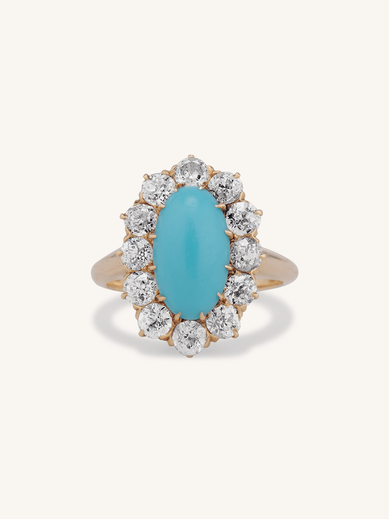 Victorian Turquoise & Diamond 14K Yellow Gold Antique Cluster Ring