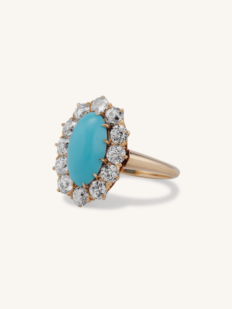 Victorian Turquoise & Diamond 14K Yellow Gold Antique Cluster Ring