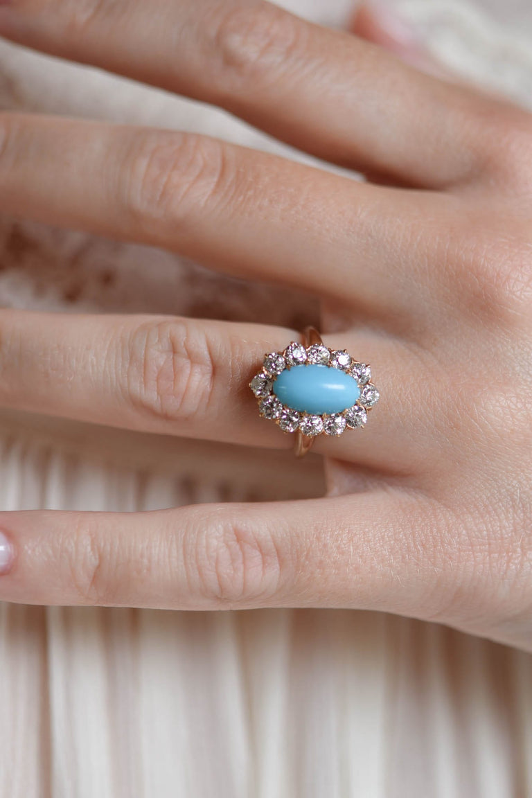 Victorian Turquoise & Diamond 14K Yellow Gold Antique Cluster Ring