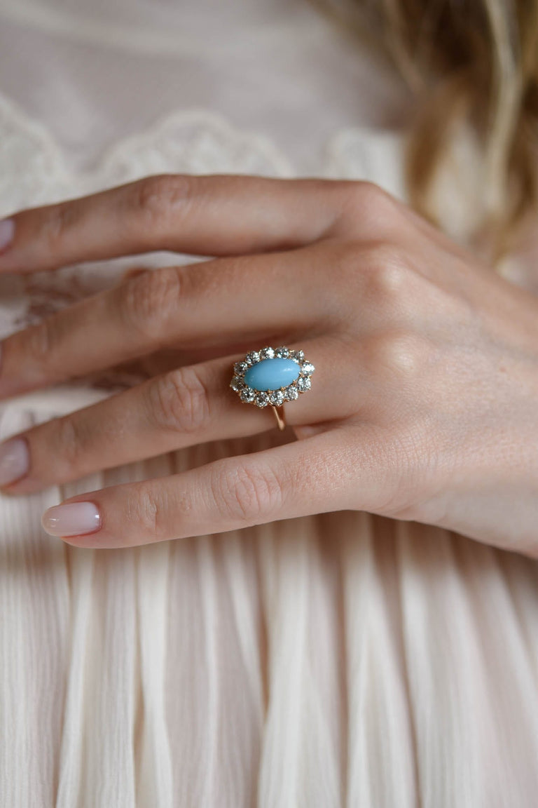 Victorian Turquoise & Diamond 14K Yellow Gold Antique Cluster Ring