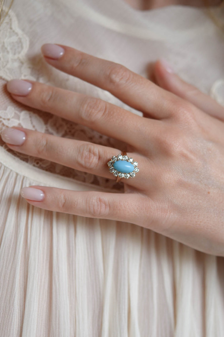 Victorian Turquoise & Diamond 14K Yellow Gold Antique Cluster Ring