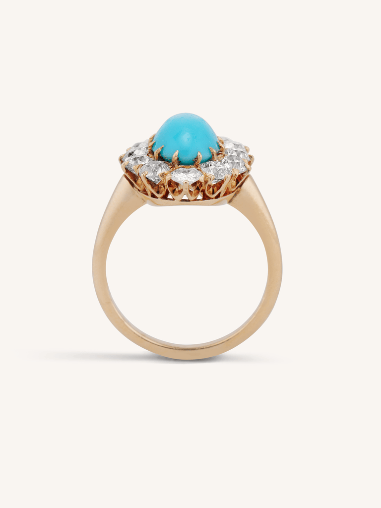 Victorian Turquoise & Diamond 14K Yellow Gold Antique Cluster Ring