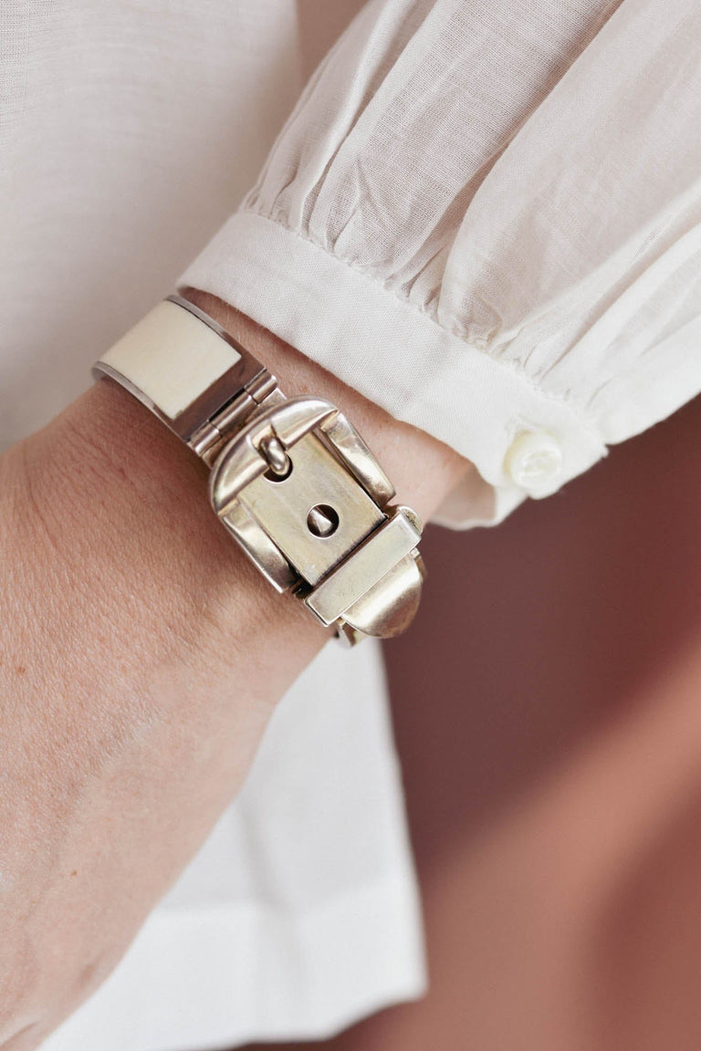 1970'S Vintage Gucci Silver & Bone Buckle Bracelet