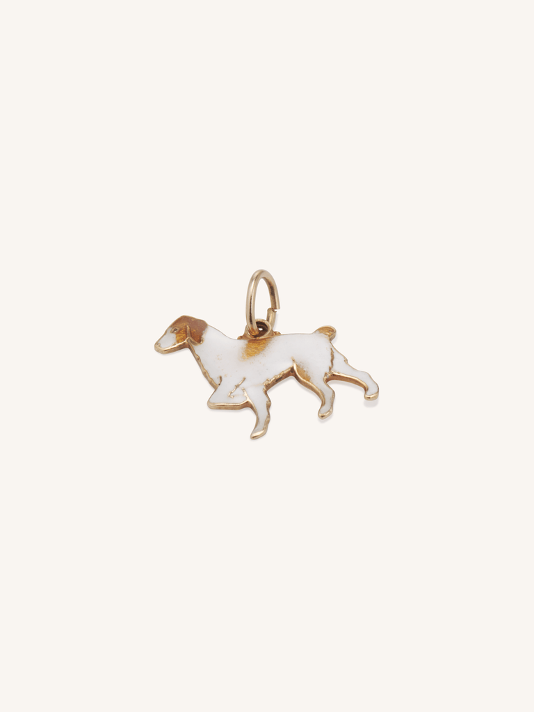 Vintage 14K gold enamel hunting dog pendant showing white and brown enamel pointer design
