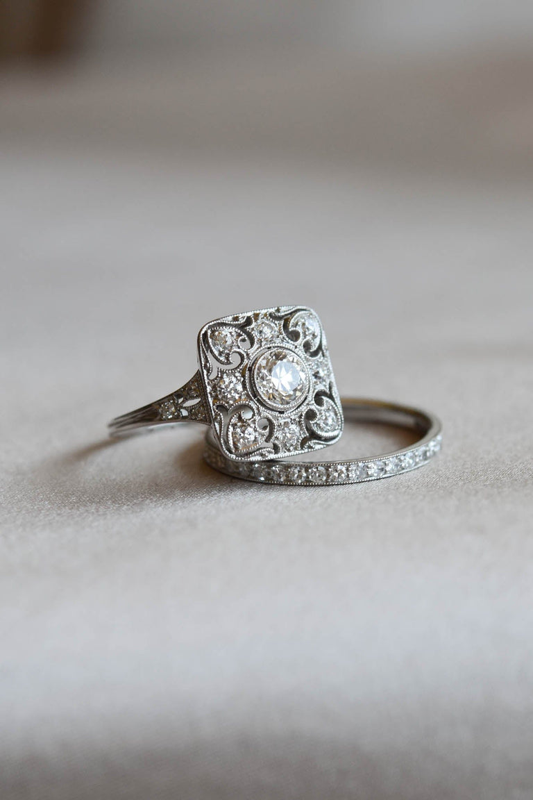Vintage Inspired Antique Diamond Eternity Band in Platinum | Étoile with an antique engagement ring