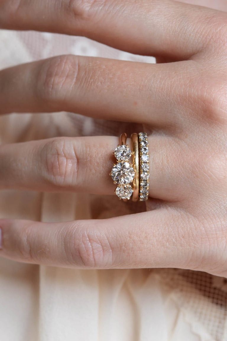 Vintage Inspired Antique Old European Cut Diamond Three Stone Engagement Ring Strela 1.13
