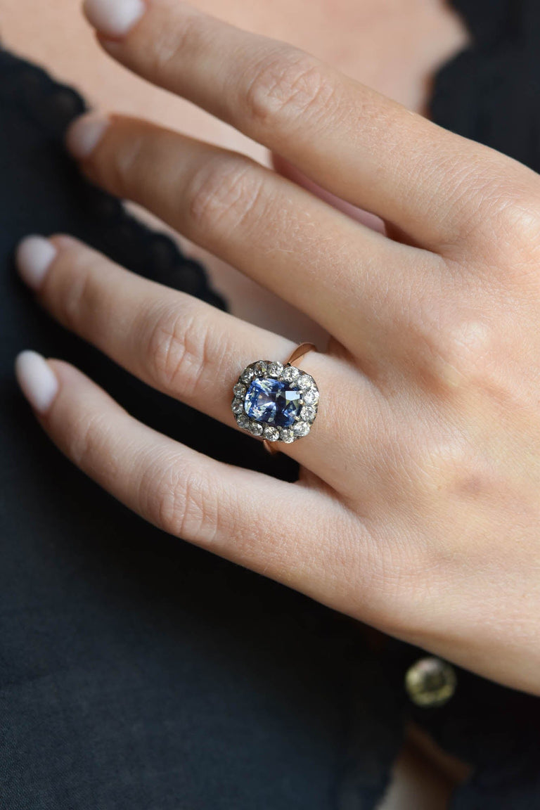 Early Art Deco 2.87 Carat Cushion Cut Ceylon Sapphire & Diamond Cluster Antique Engagement Ring, Sweden