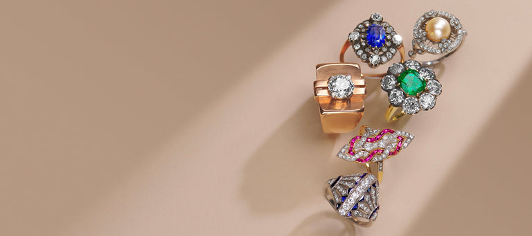 antique and vintage cocktail rings loose with sapphire, emerald and pearl clusters and navette ruby and diamond ring
