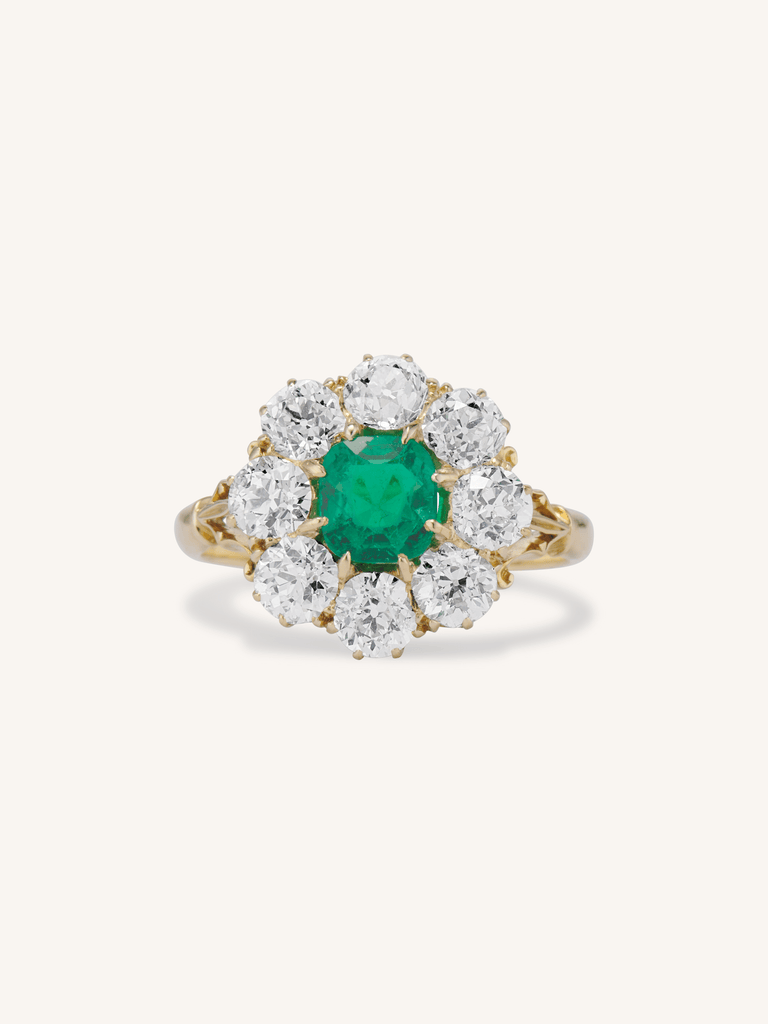 Antique Edwardian Emerald & Diamond Cluster Engagement Ring