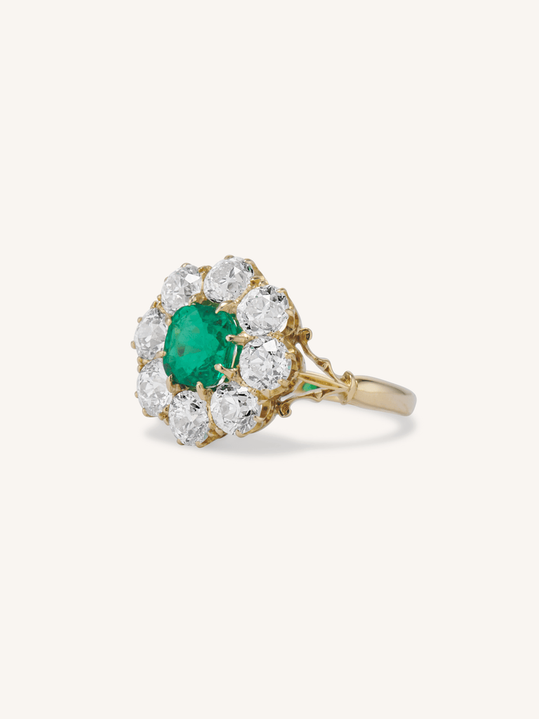 Antique Edwardian Emerald & Diamond Cluster Engagement Ring