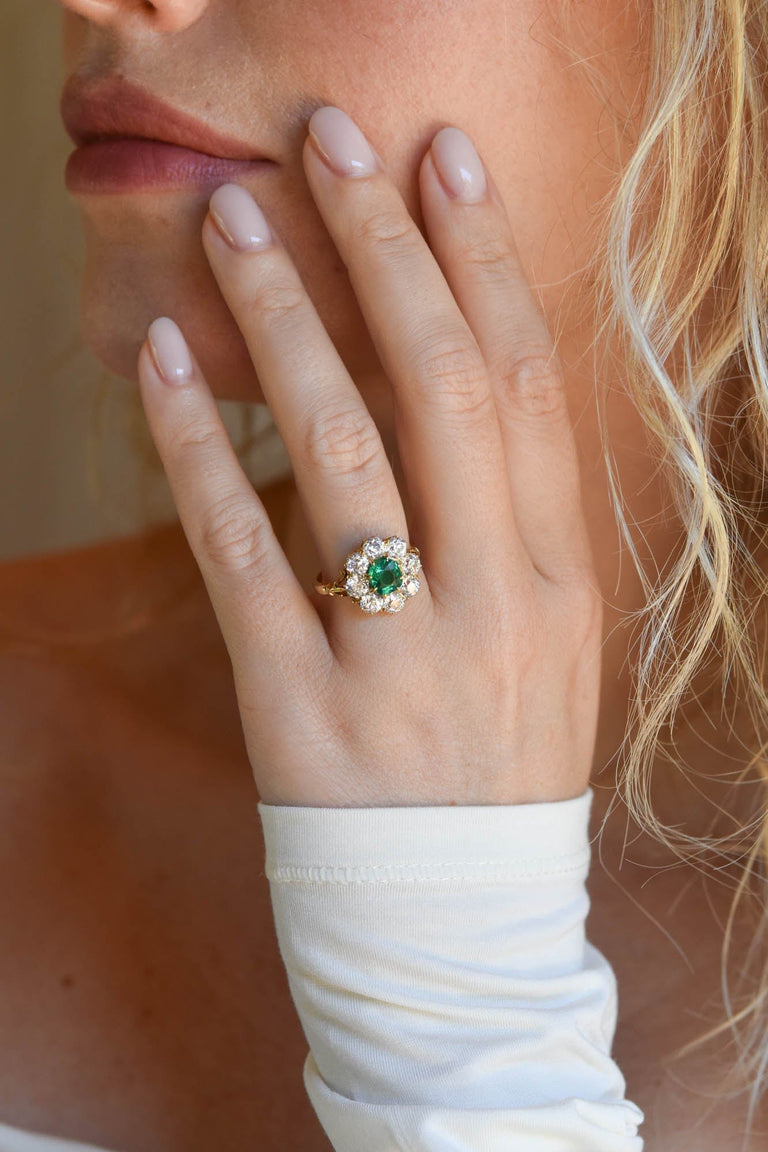 Antique Edwardian Colombian Emerald & Diamond Cluster 18K Gold Engagement Ring