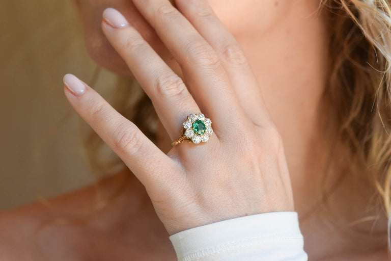 Antique Edwardian Colombian Emerald & Diamond Cluster 18K Gold Engagement Ring