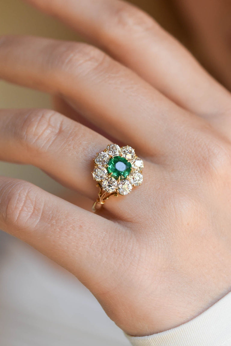 Antique Edwardian Colombian Emerald & Diamond Cluster 18K Gold Engagement Ring