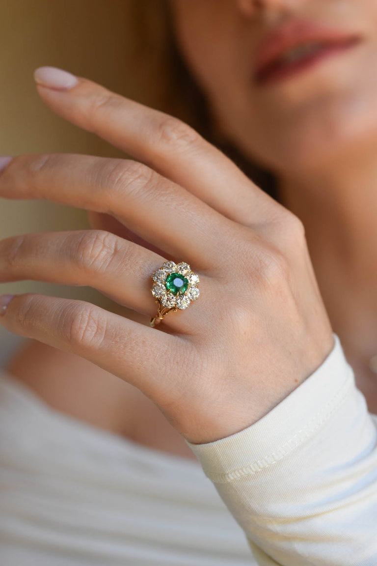 Antique Edwardian Colombian Emerald & Diamond Cluster 18K Gold Engagement Ring