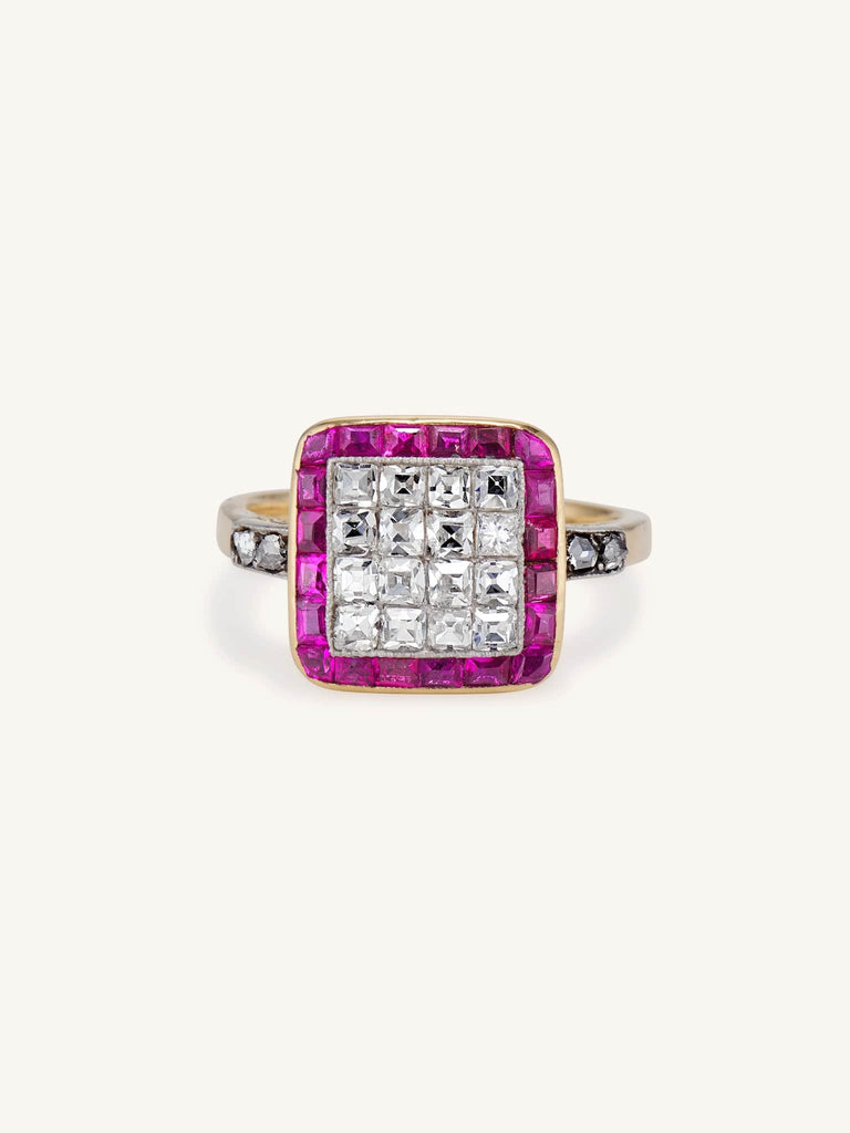Edwardian French Cut Diamond & Calibré Cut Ruby Cluster Ring