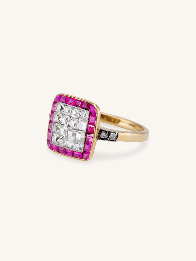Edwardian French Cut Diamond & Calibré Cut Ruby Cluster Ring