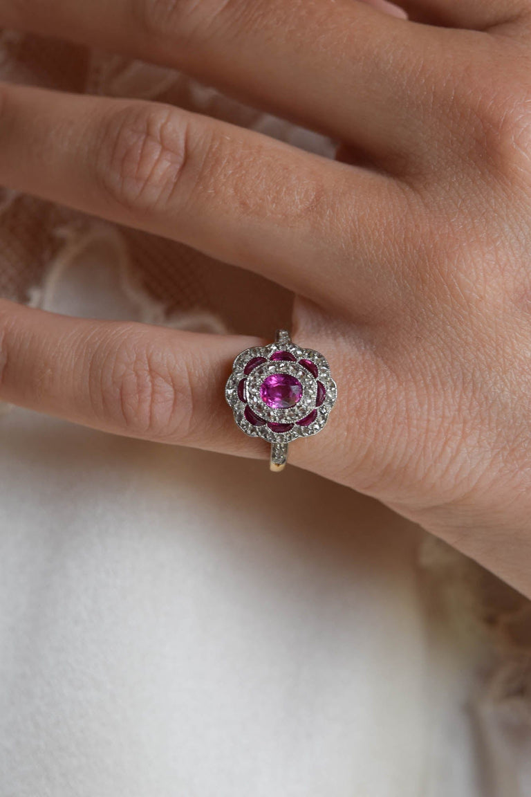 Edwardian Ruby Florette Scalloped Cluster Ring