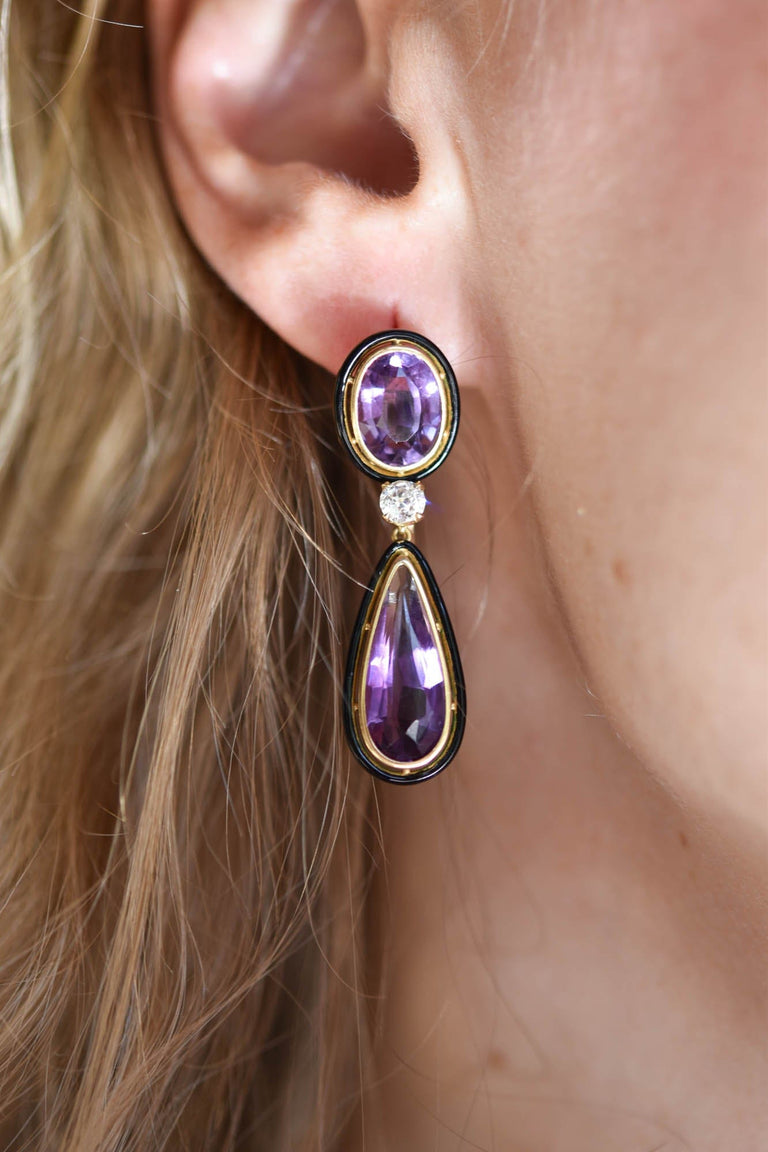 Antique Victorian Amethyst & Black Enamel Convertible Earrings, France