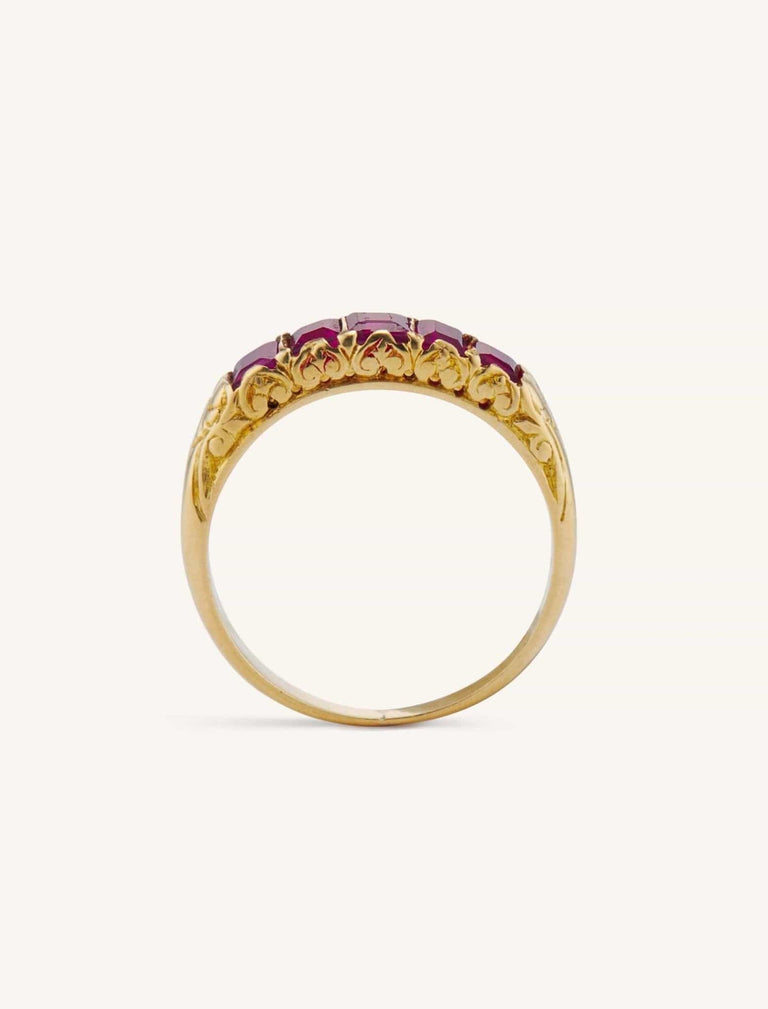 Antique Victorian Five Stone Ruby Carved Half Hoop