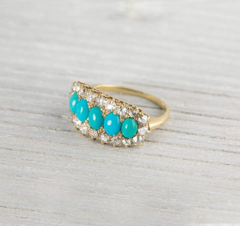 Antique Victorian Five Stone Turquoise & Diamond Ring