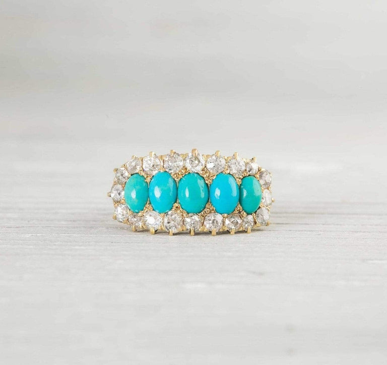 Antique Victorian Five Stone Turquoise & Diamond Ring