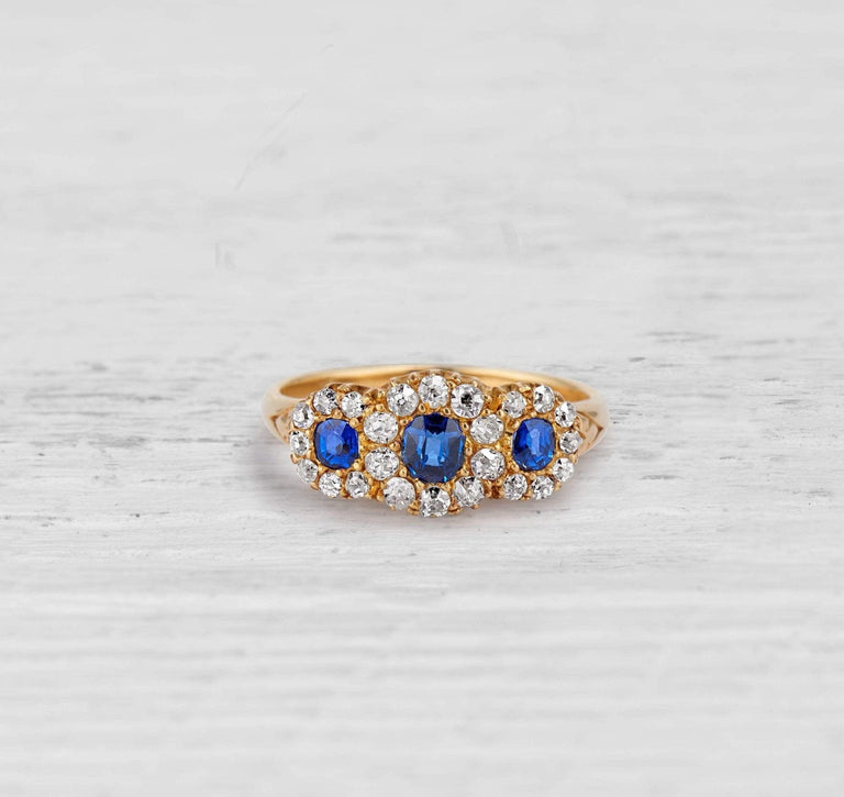 Antique Victorian Sapphire and Diamond Gold Three Stone Engagement Ring