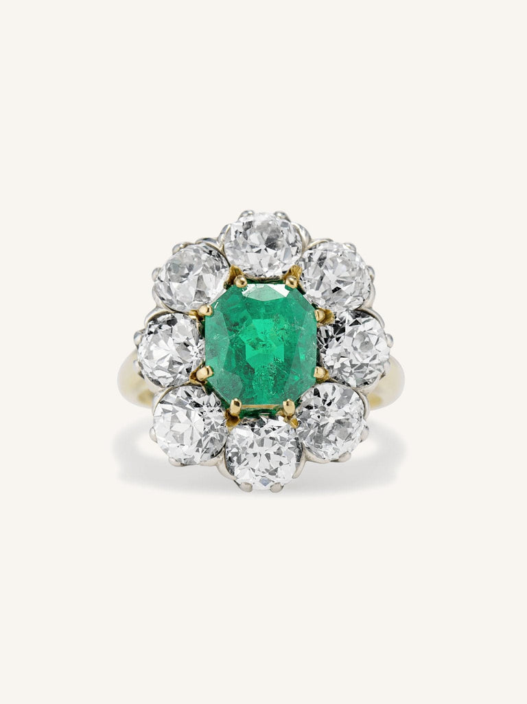 Late Victorian 2.70 Carat Emerald and Diamond Cluster Antique Engagement Ring
