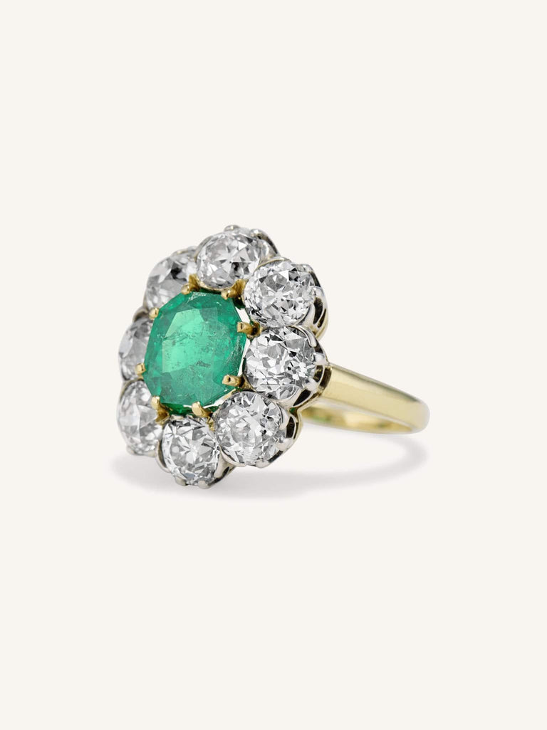 Late Victorian 2.70 Carat Emerald and Diamond Cluster Antique Engagement Ring