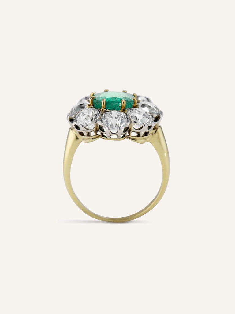 Late Victorian 2.70 Carat Emerald and Diamond Cluster Antique Engagement Ring
