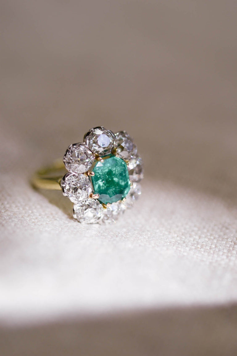 Late Victorian 2.70 Carat Emerald and Diamond Cluster Antique Engagement Ring