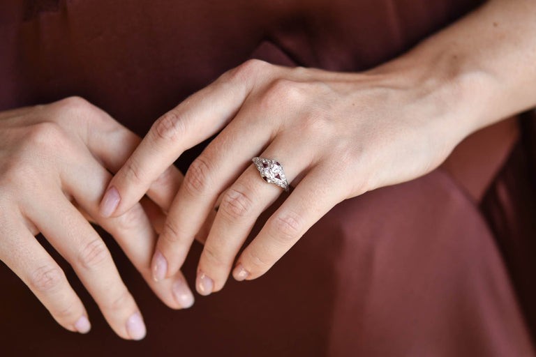 Art Deco 1.03 Carat Old Mine Diamond & Ruby Platinum Antique Engagement Ring