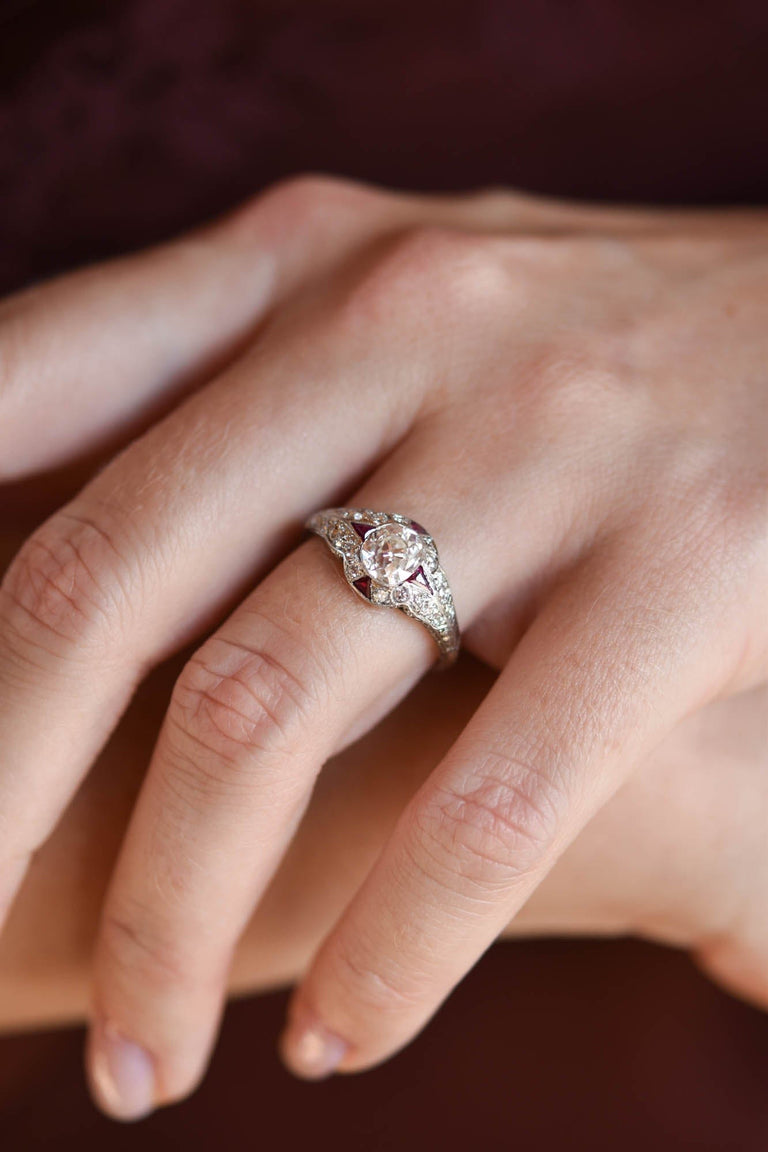 Art Deco 1.03 Carat Old Mine Diamond & Ruby Platinum Antique Engagement Ring