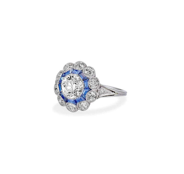 Art Deco 1.05 Carat Diamond & Sapphire French Ring