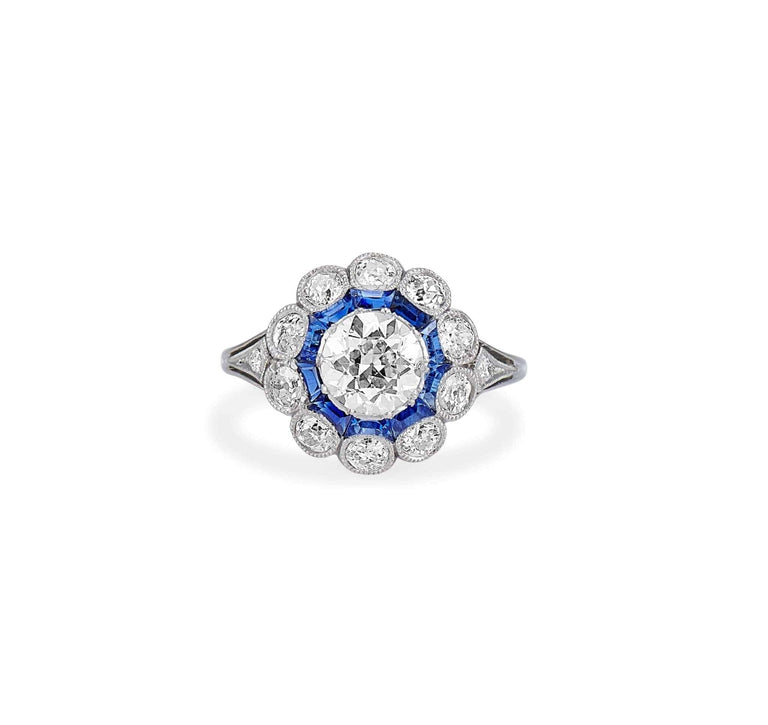 Art Deco 1.05 Carat Diamond & Sapphire French Ring