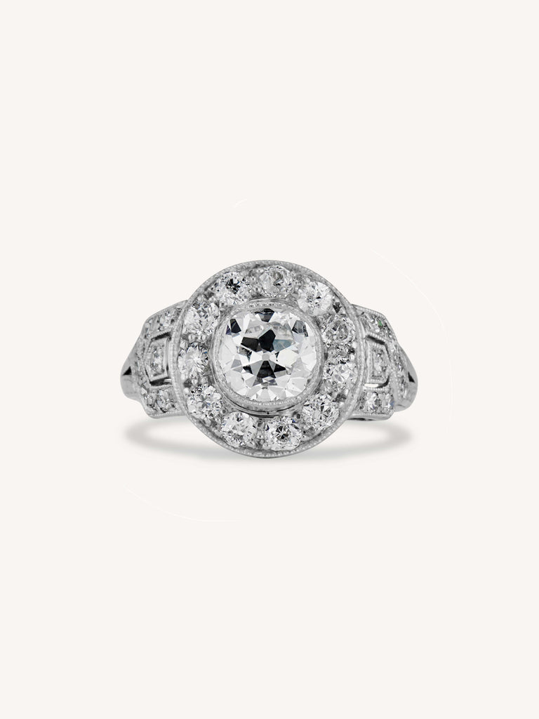 Art Deco 1.07 Carat Old Mine Cushion Cut Diamond Cluster Engagement Ring