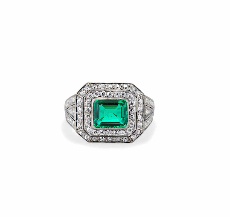Art Deco 1.15 Carat Colombian Emerald Diamond Ring