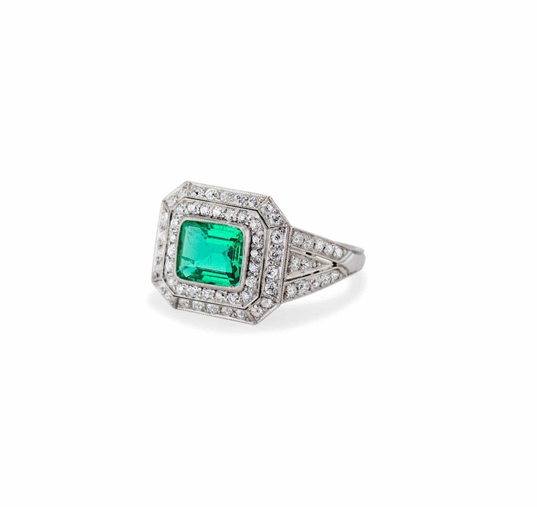Art Deco 1.15 Carat Colombian Emerald Diamond Ring