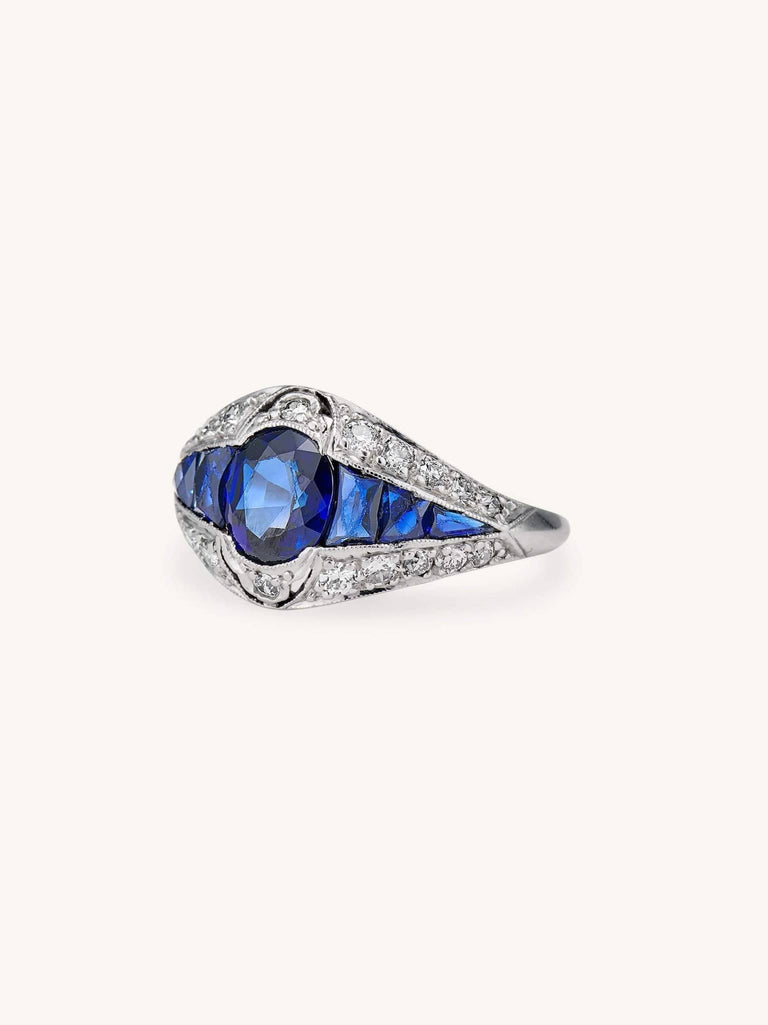Art Deco 1.24 Carat Oval Cut Sapphire & Diamond Dome Vintage Engagement Ring
