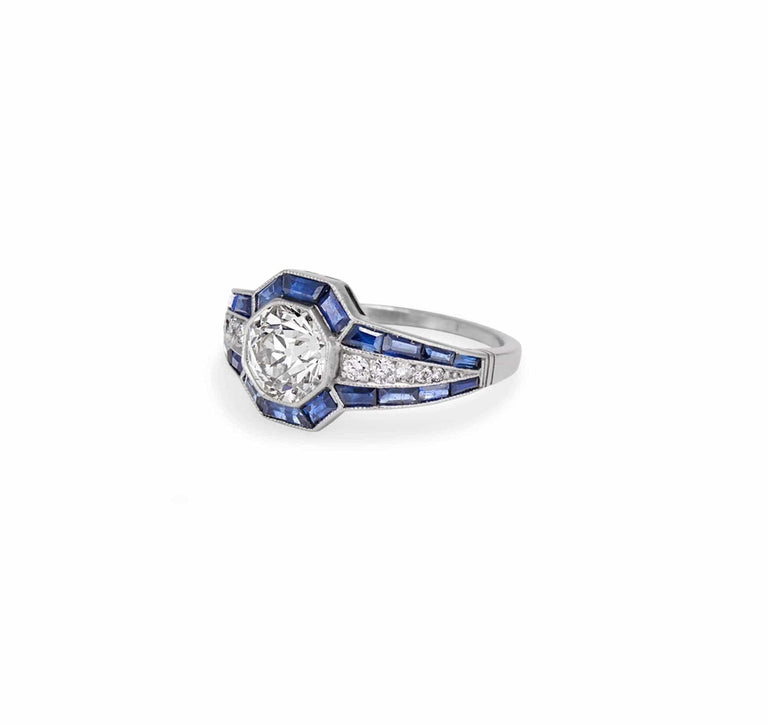 Art Deco 1.35 Carat Old European Cut Diamond & Sapphire Ring
