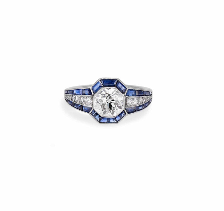 Art Deco 1.35 Carat Old European Cut Diamond & Sapphire Ring