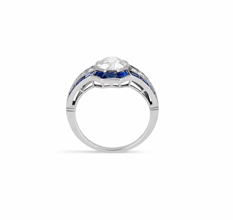 Art Deco 1.35 Carat Old European Cut Diamond & Sapphire Ring