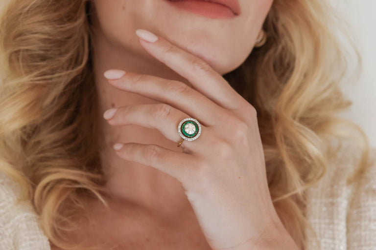 Art Deco 1.30 Carat Antique Old European Cut Diamond & Emerald Target Ring