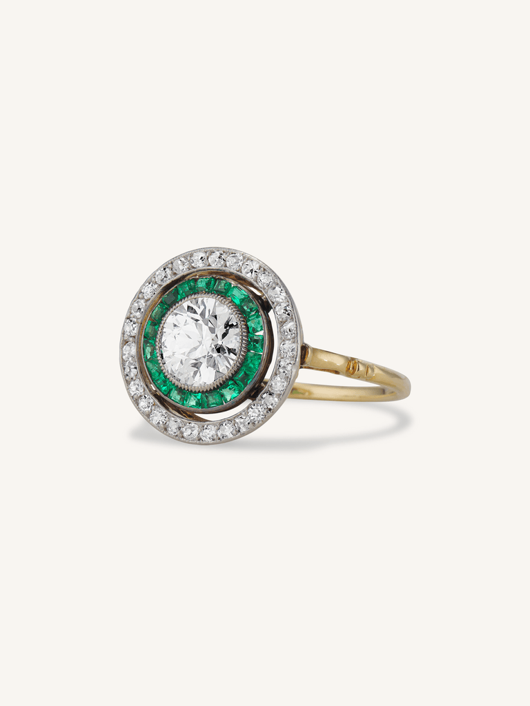 Art Deco 1.30 Carat Antique Old European Cut Diamond & Emerald Target Ring