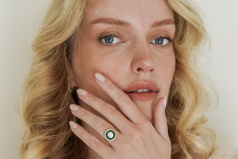 Art Deco 1.30 Carat Antique Old European Cut Diamond & Emerald Target Ring