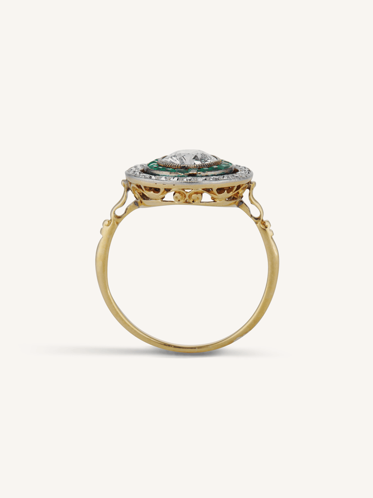 Art Deco 1.30 Carat Antique Old European Cut Diamond & Emerald Target Ring