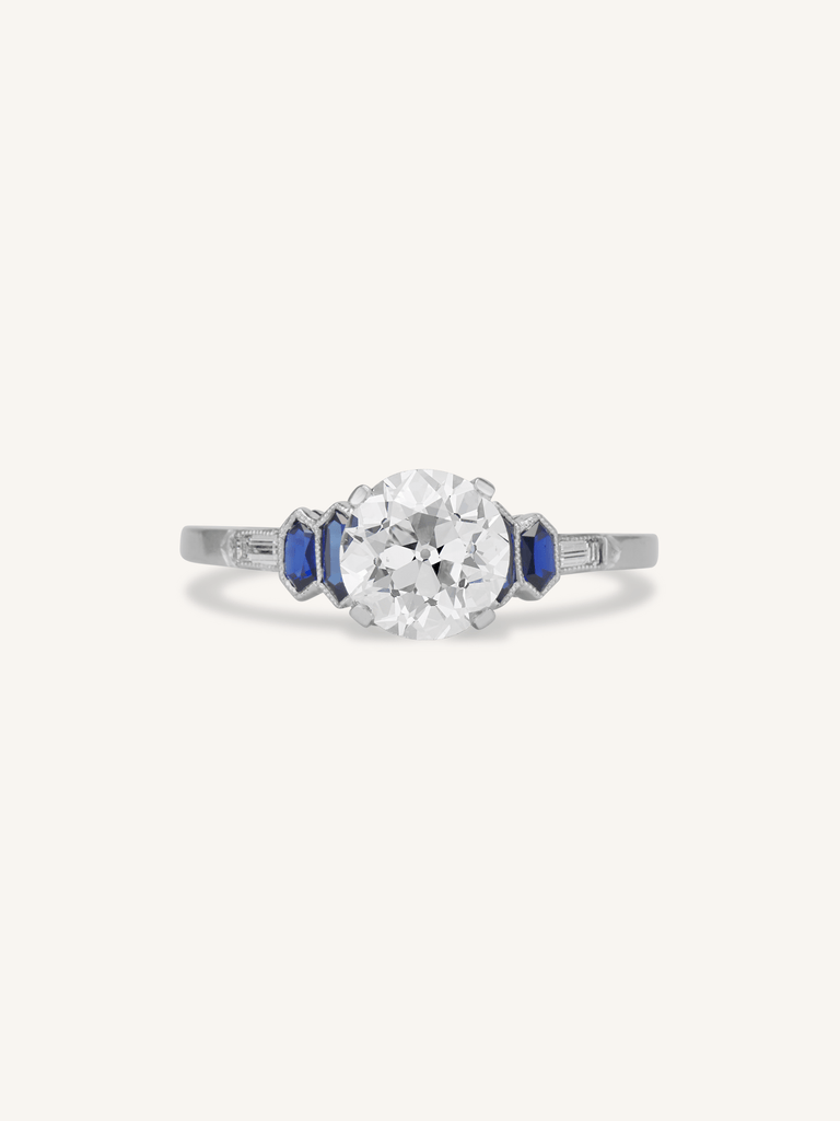 Art Deco 1.53 Carat Old European Cut Diamond & Sapphire Engagement Ring