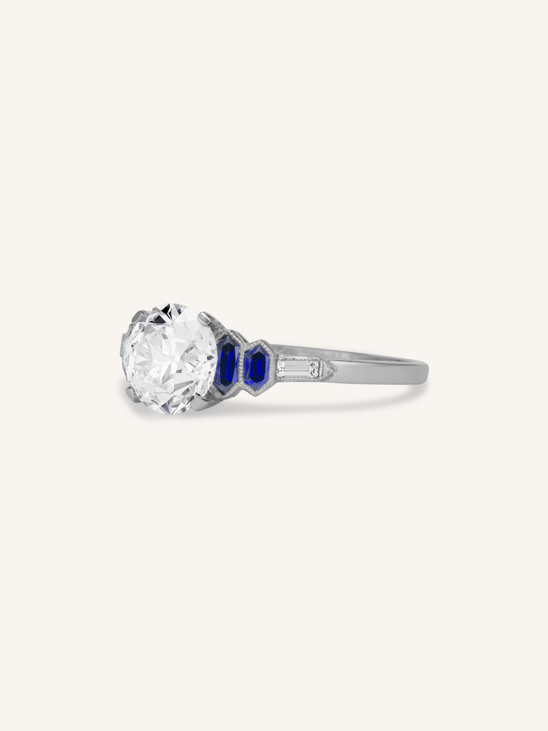 Art Deco 1.53 Carat Old European Cut Diamond & Sapphire Engagement Ring