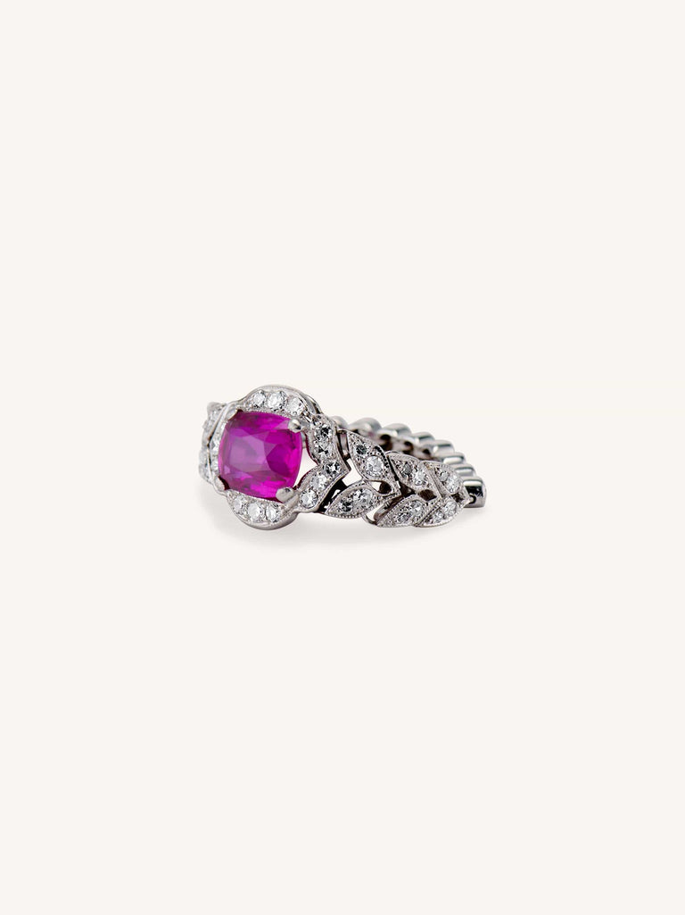 Art Deco 1.55 Carat Cushion Cut Ruby and Diamond Flexible Ring