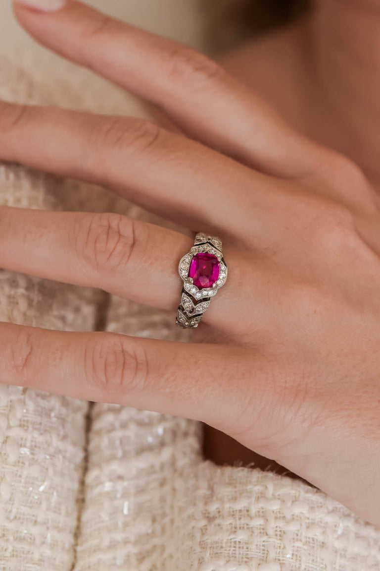 Art Deco 1.55 Carat Cushion Cut Ruby and Diamond Flexible Ring