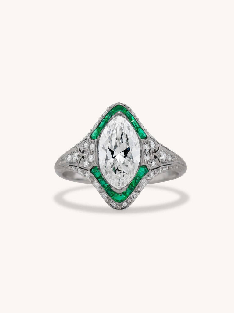 Art Deco 1.55 Carat Marquise Cut Diamond and Emerald Ring
